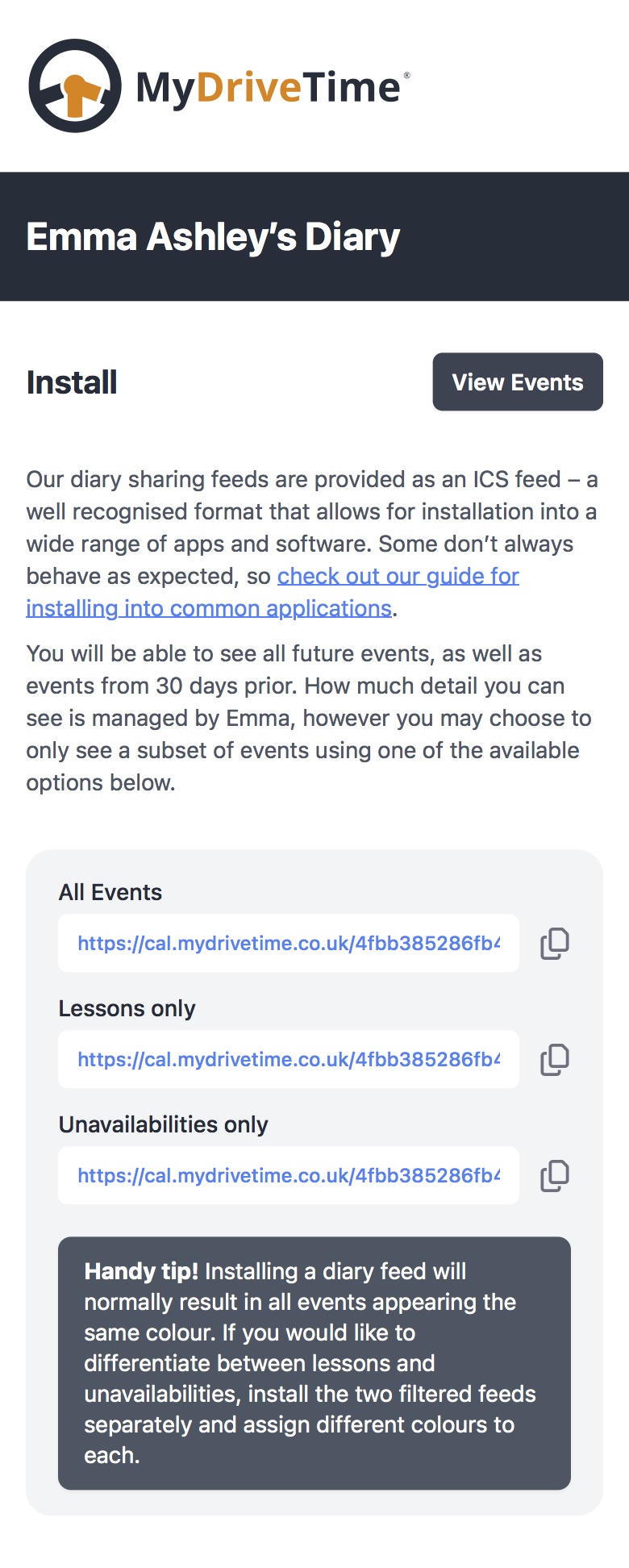 Mydrivetime Installing your Diary - MyDriveTime